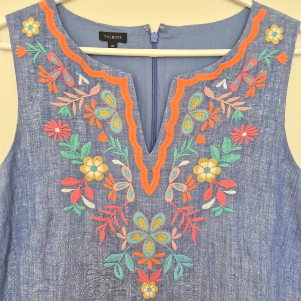 Talbots Women’s Blue Embroidered Linen Blend Shift Dress – Size 12 - Picture 3 of 6